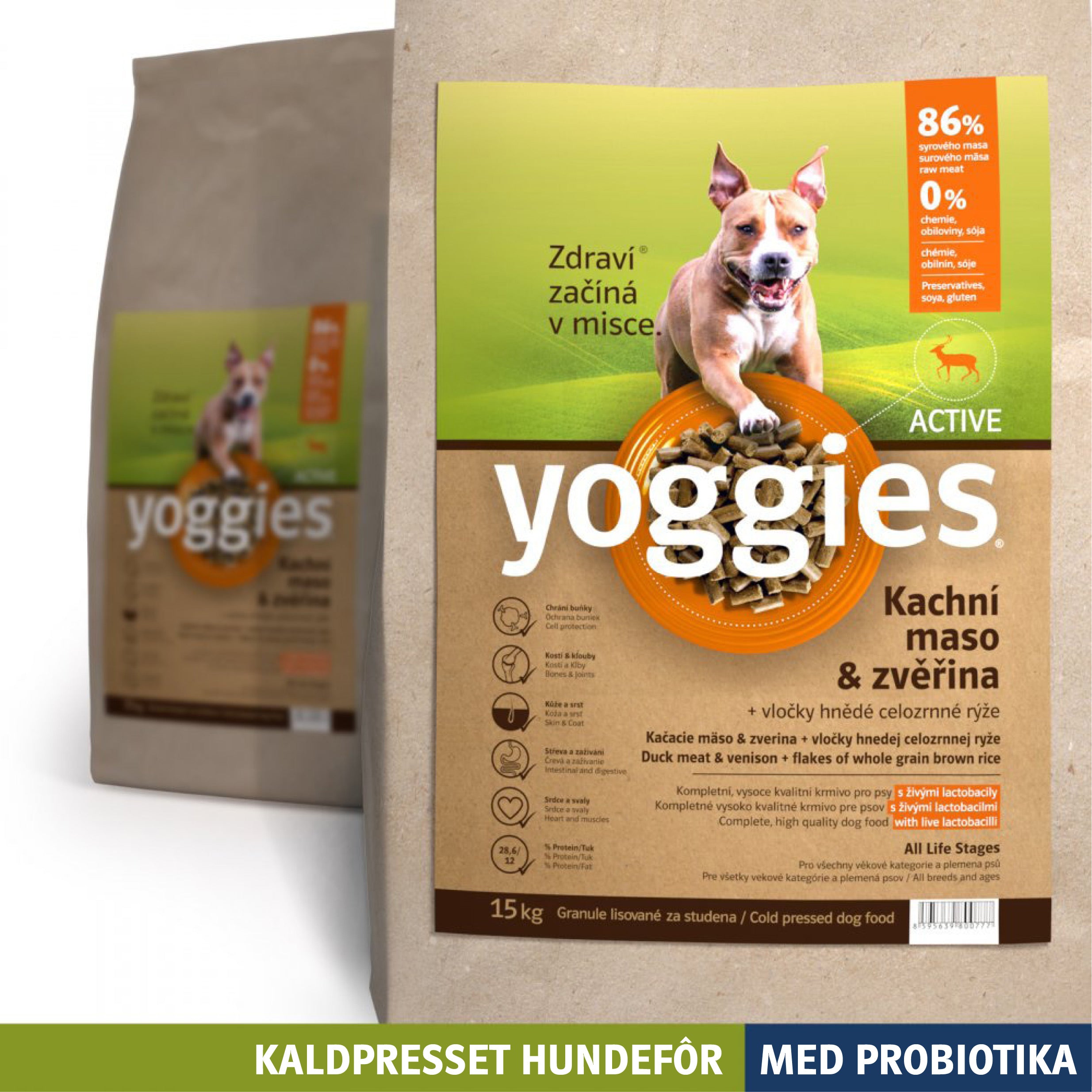 Yoggies kaldpresset hundefôr ACTIVE and og vilt, 15 kg sekk
