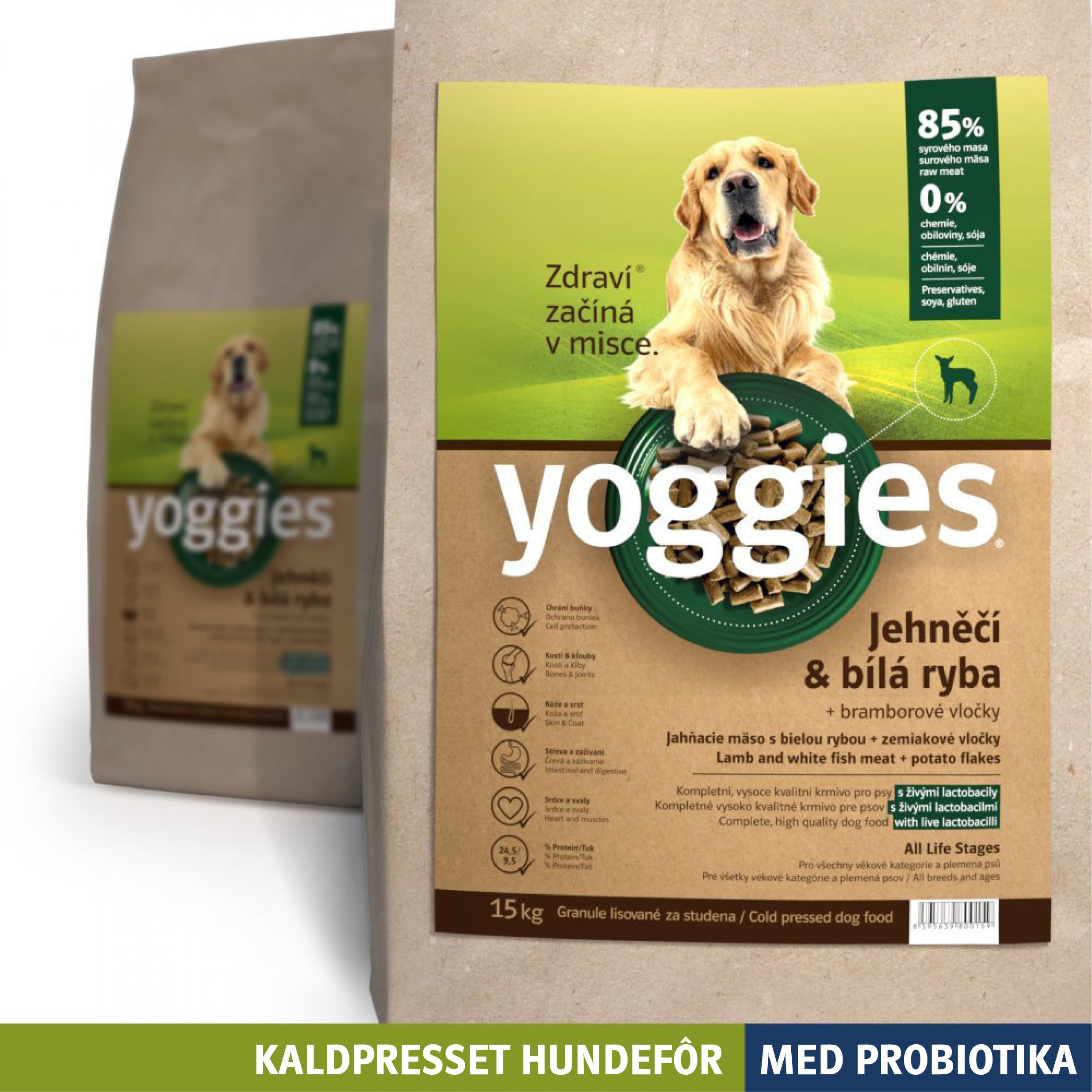 Yoggies kaldpresset hundefôr lam og hvit fisk, 15 kg sekk