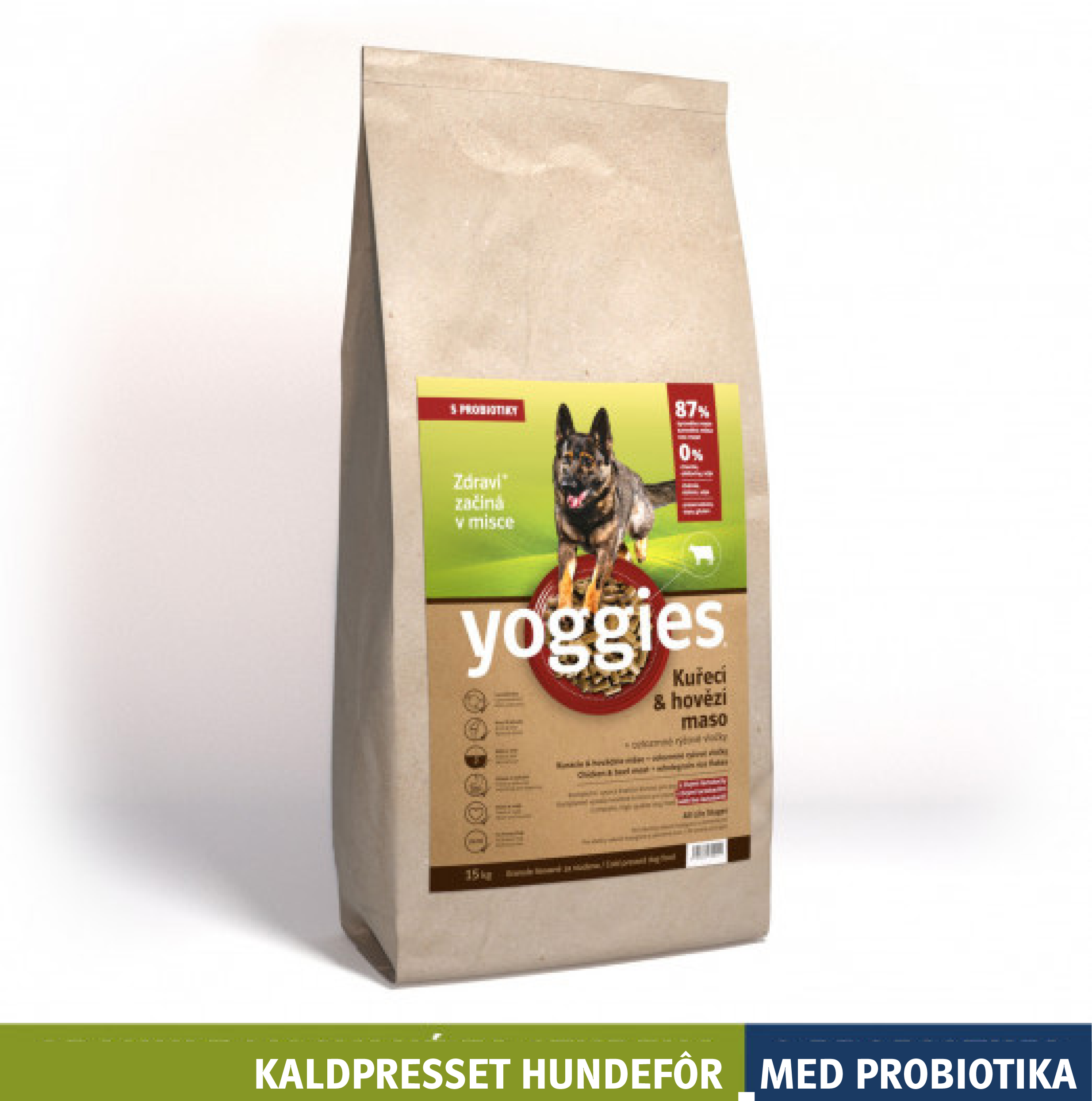 Yoggies kaldpresset hundefôr kylling og storfe, 15 kg sekk