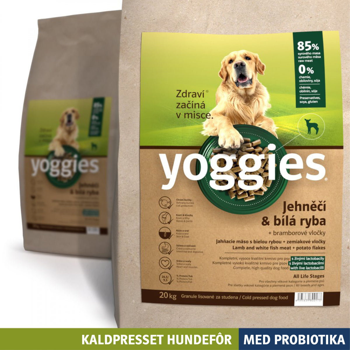 Yoggies kaldpresset hundefôr lam og hvit fisk, 20 kg sekk