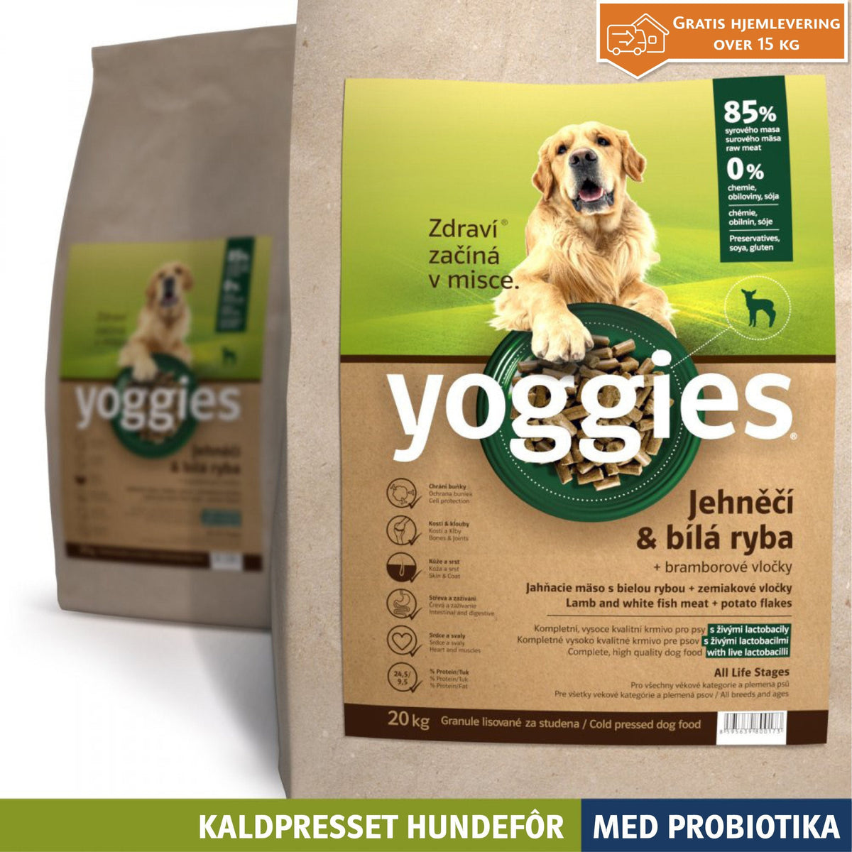 Yoggies kaldpresset hundefôr lam og hvit fisk, 20 kg sekk