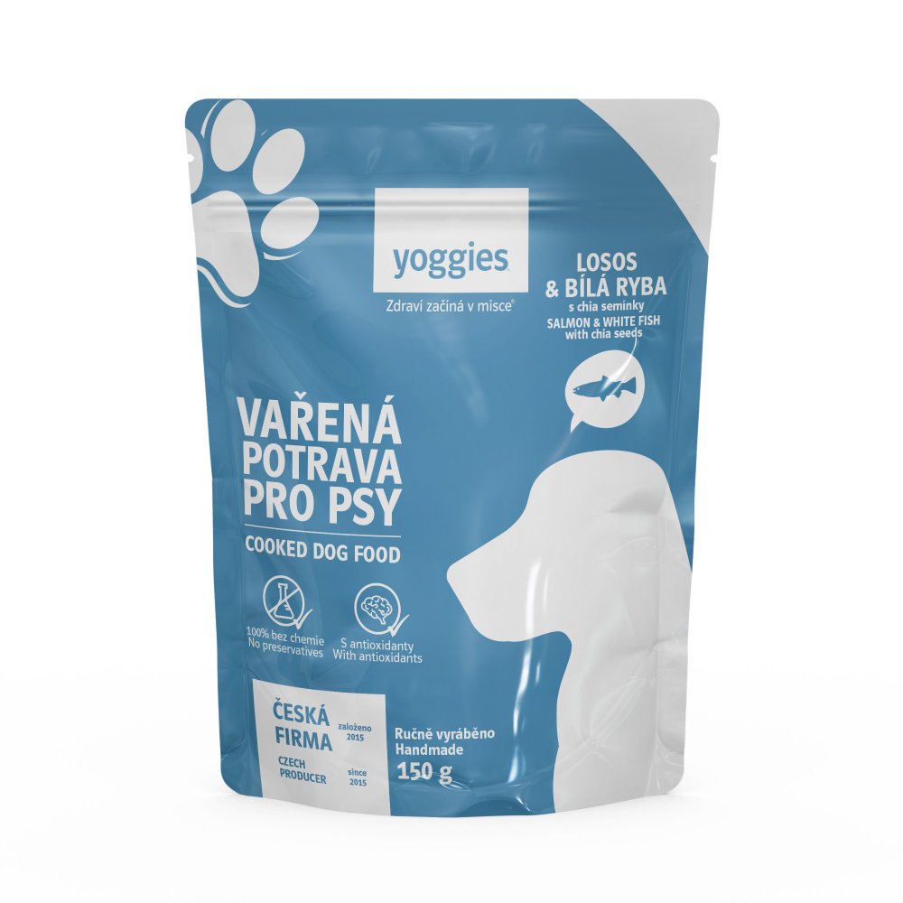 Yoggies kokt fullfôr til hund, laks og hvit fisk med chiafrø, 150 g