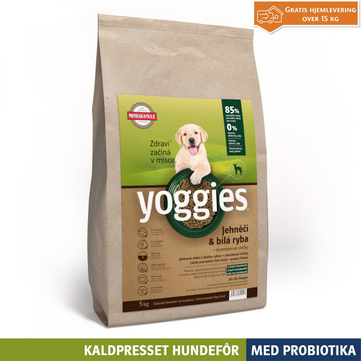 Yoggies kaldpresset hundefôr lam og hvit fisk MINI, 5 kg sekk