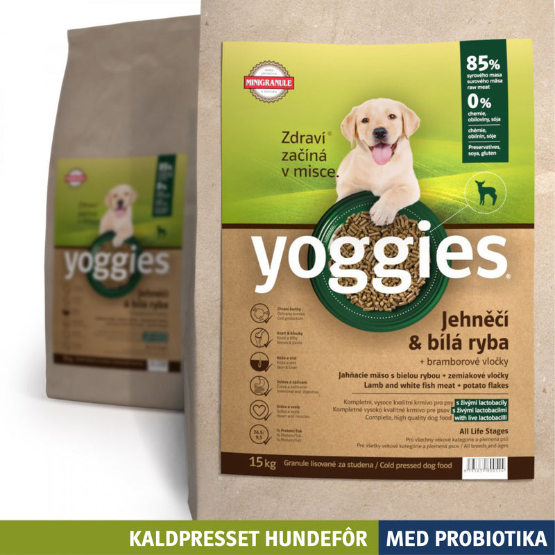 15 kg LAM & HVIT FISK med probiotika MINI - kaldpresset hundefôr YOGGIES - diettfôr