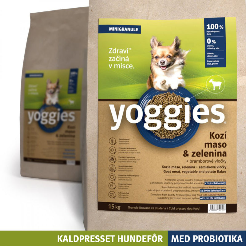 15 kg HYPOALLERGENISK - GEIT med probiotika MINI - kaldpresset hundefôr YOGGIES